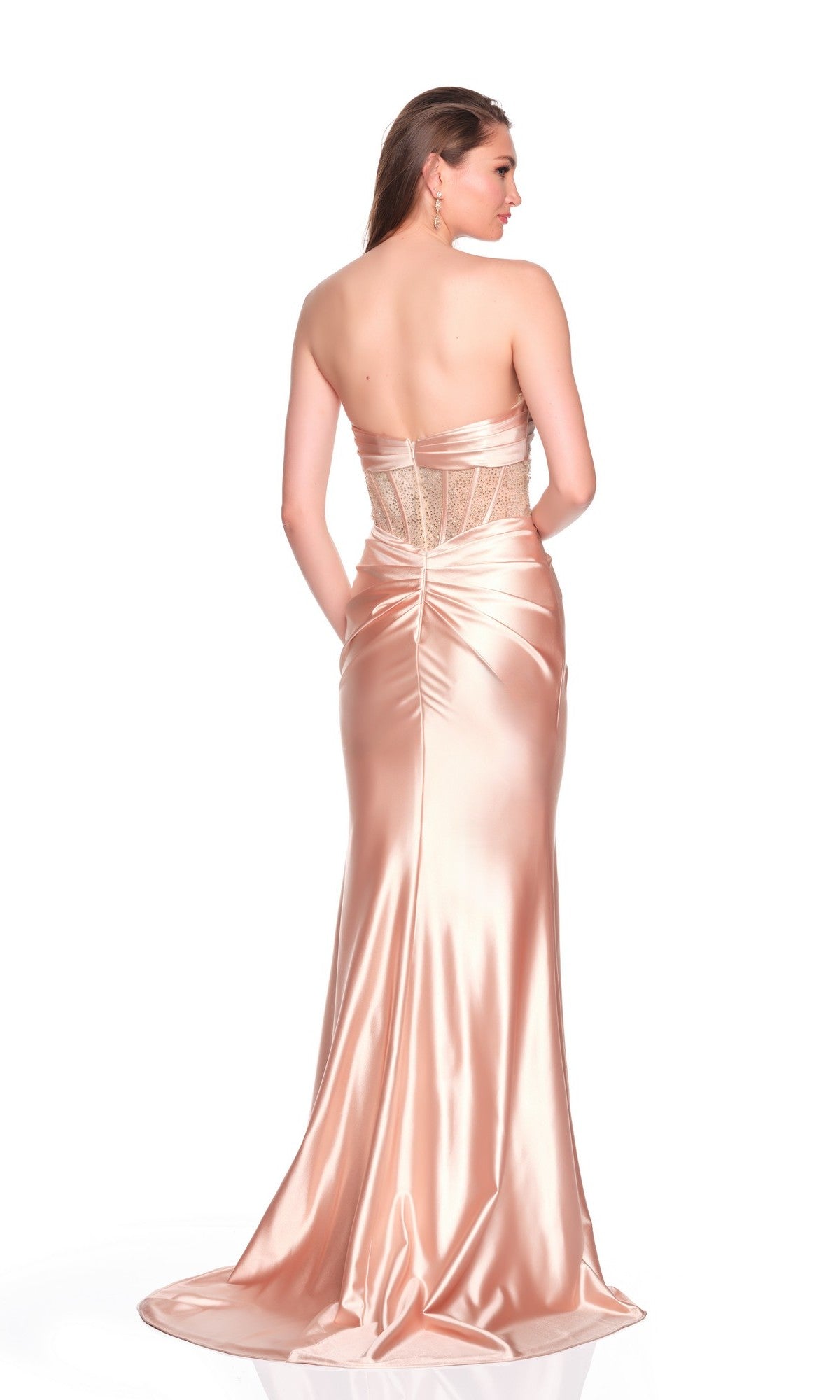 A woman is shown from the back in a pale peach, strapless satin sheath Long Prom Dress: Dave and Johnny 12670, against a white background.